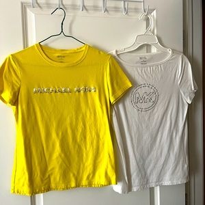 Pair of Michael Kors t-shirts white gems & yellow silver lettering size S